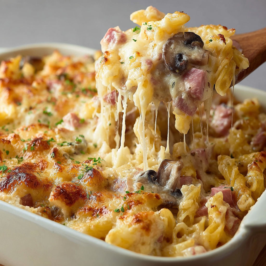 Délicieux gratin de pâtes revisité avec jambon, champignons dorés et fromage fondant en croûte.