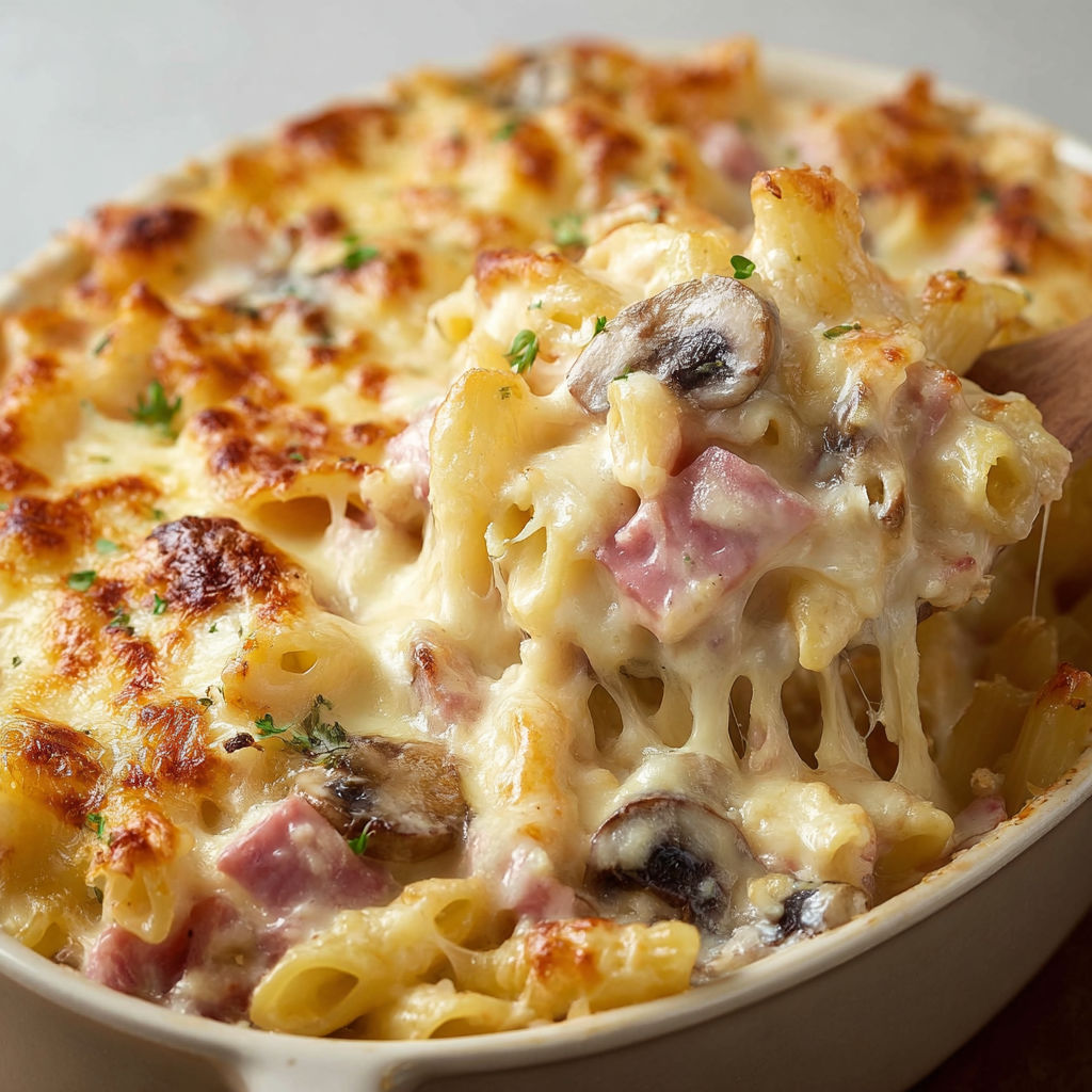 Un gratin de pâtes avec fromage fondu, champignons et herbes fraîches.