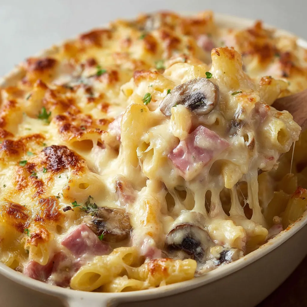 Un gratin de pâtes avec fromage fondu, champignons et herbes fraîches.