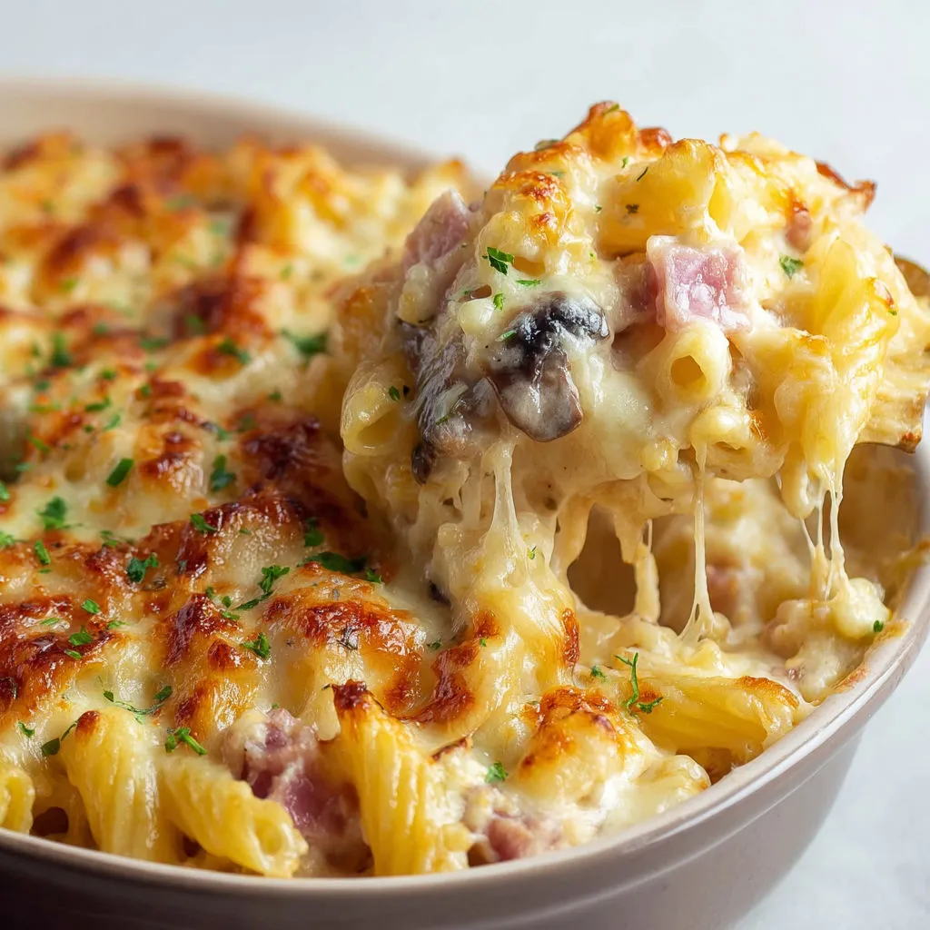 Un gratin de pâtes avec fromage fondu, champignons et herbes fraîches.