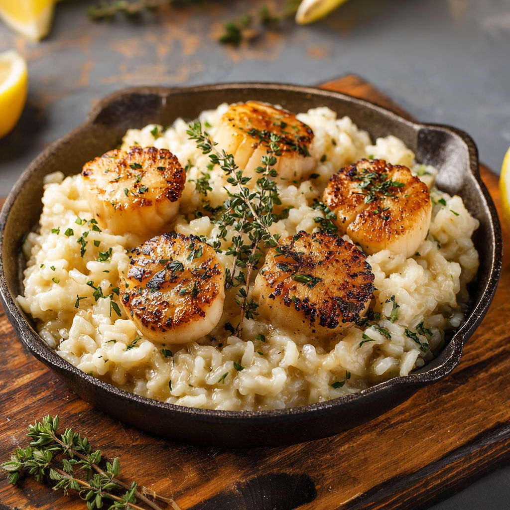 Un plat de risotto crémeux aux noix de Saint-Jacques servi dans un bol.