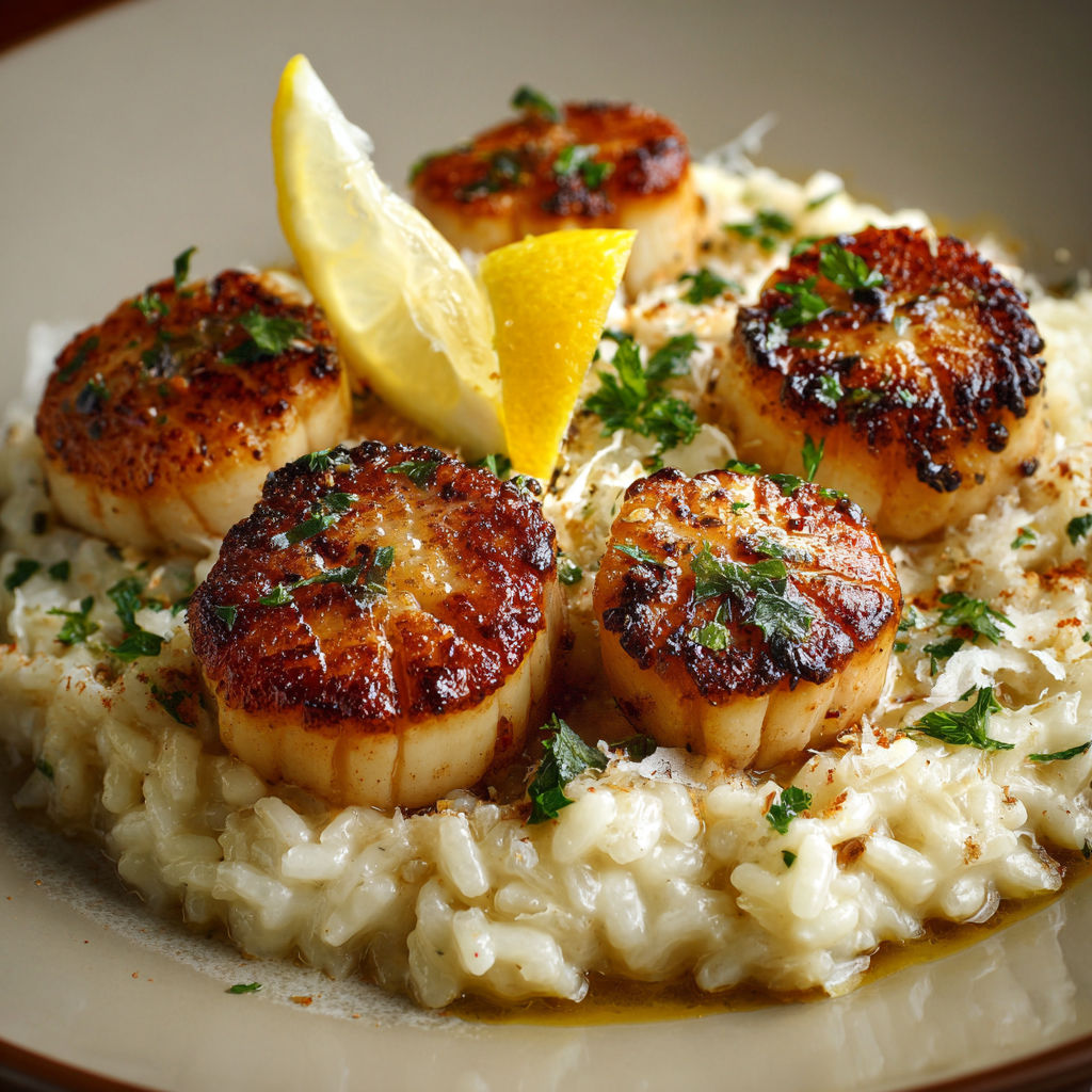 Une assiette de risotto avec des moules et des citrons.