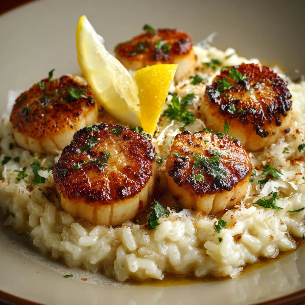 Une assiette de risotto avec des moules et des citrons.