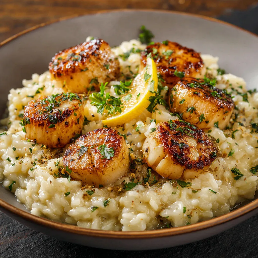 Une assiette de risotto avec des moules et des citrons.