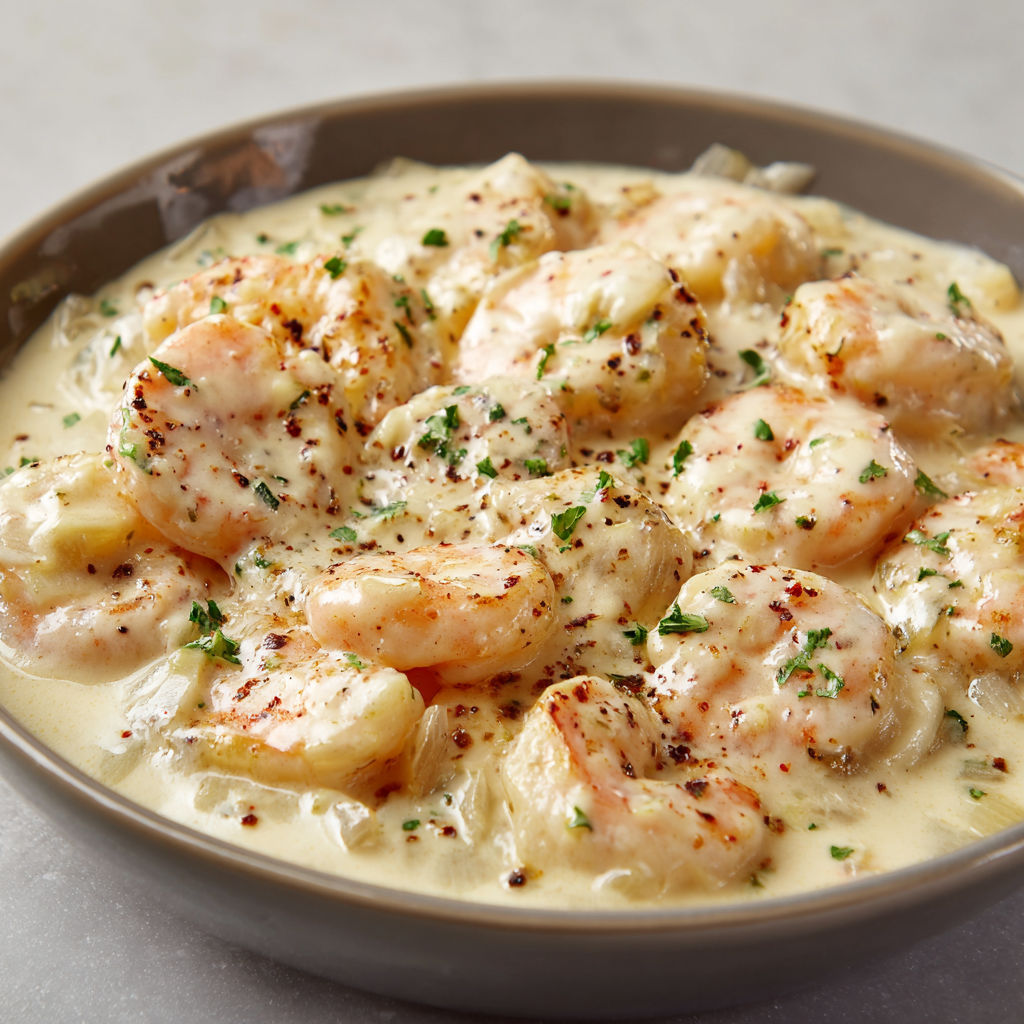 Un plat de crevettes dorées aux herbes, nappées d'une sauce soyeuse.