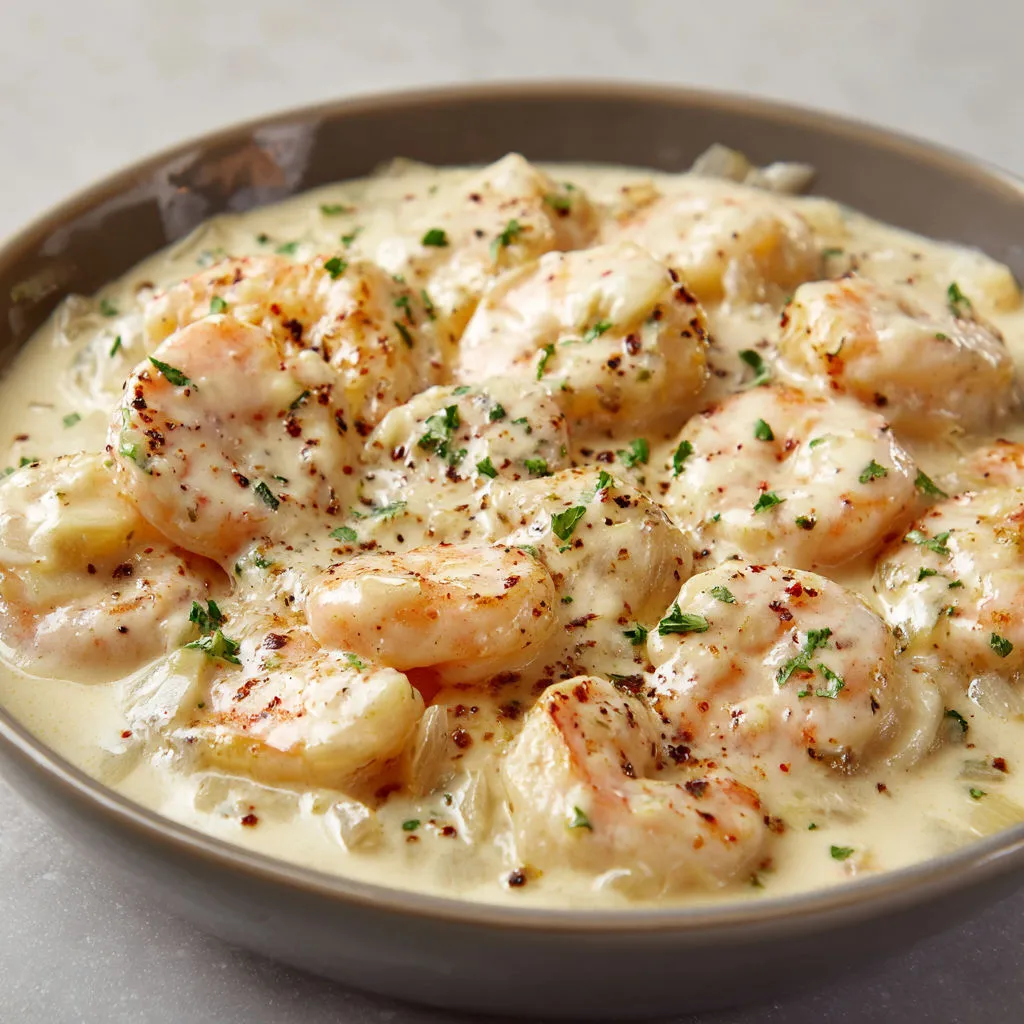 Un plat de crevettes dorées aux herbes, nappées d'une sauce soyeuse.