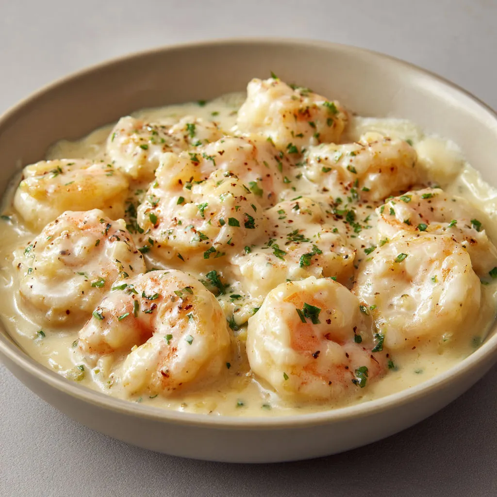 Un plat de crevettes dorées, herbes fraîches et sauce fondante sur le dessus.