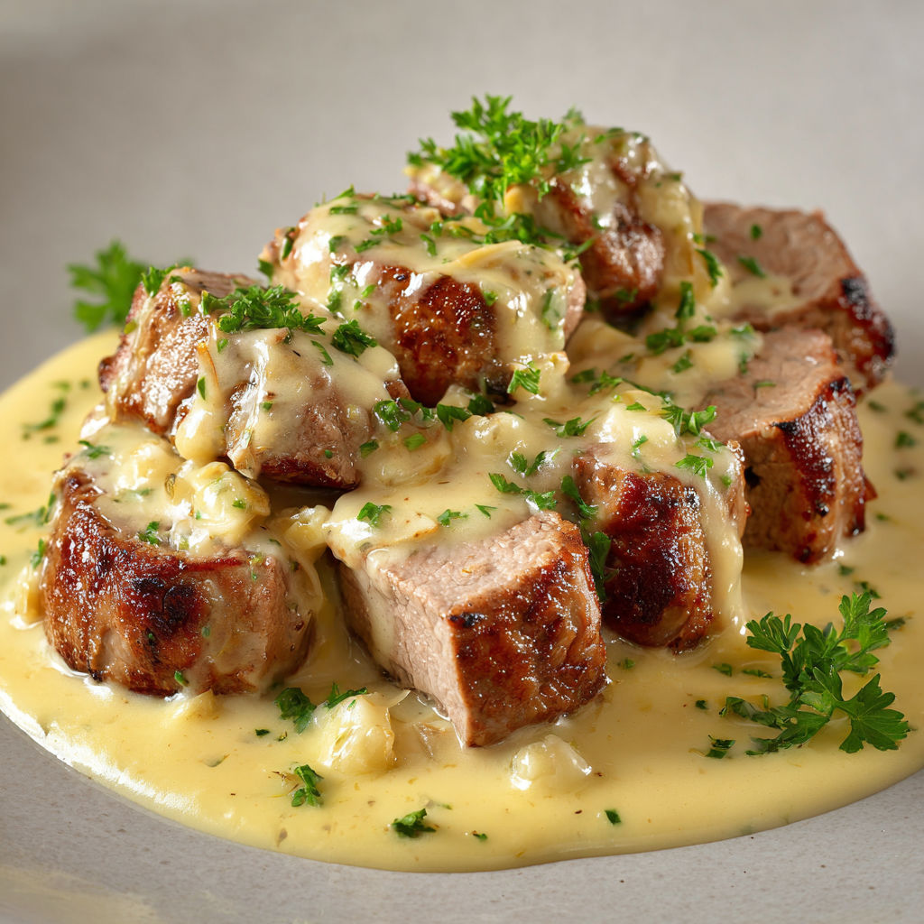 Un plat de steak recouvert de pesto servi dans une assiette en céramique.
