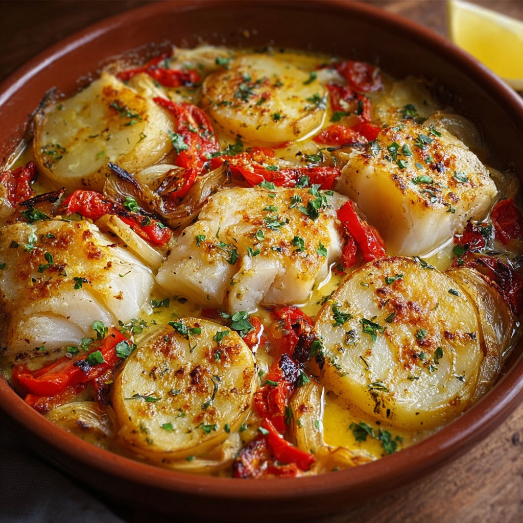 Plat de Morue à la portugaise servi avec des légumes savoureux sur une table.