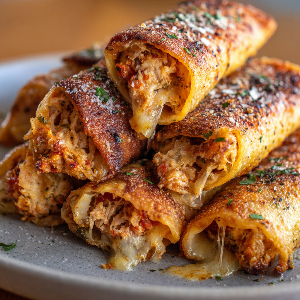 Un plateau garni de cigares dorés au thon, tomate et fromage.