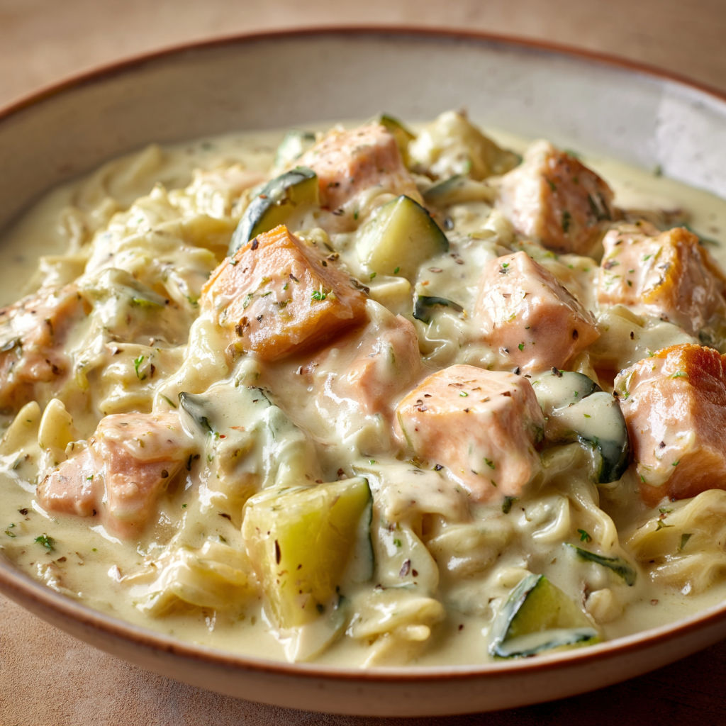 Un bol rempli de saumon et courgettes nappés de sauce servi sur une table.