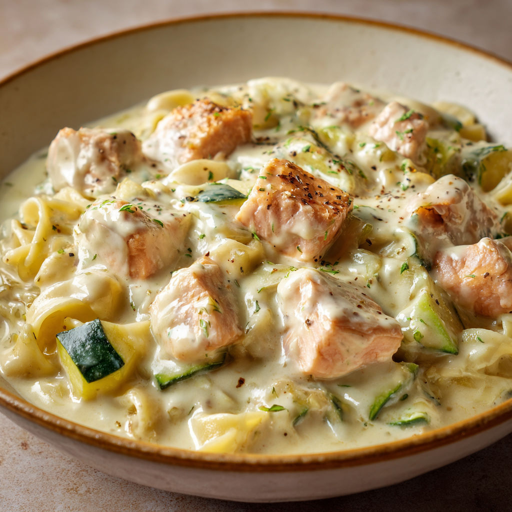 Un plat de pâtes aux fruits de mer avec des morceaux de poisson.