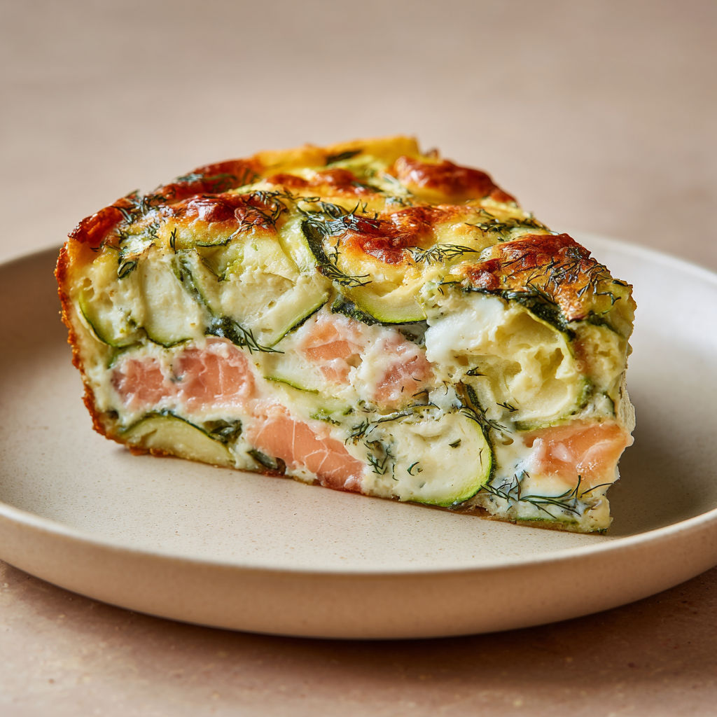 Part de clafoutis au saumon et courgettes servie sur une assiette.
