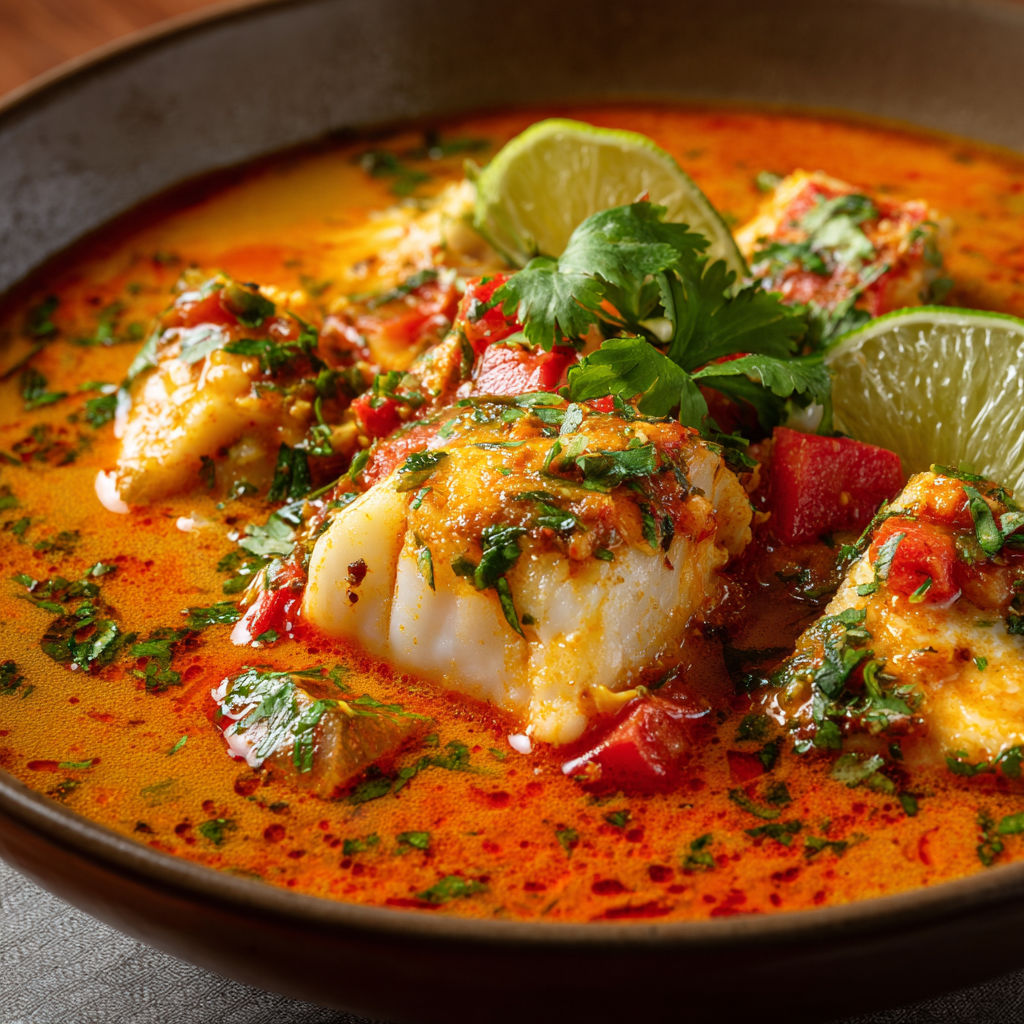Un bol garni de moqueca baiana, poisson mijoté avec des légumes et des limes.