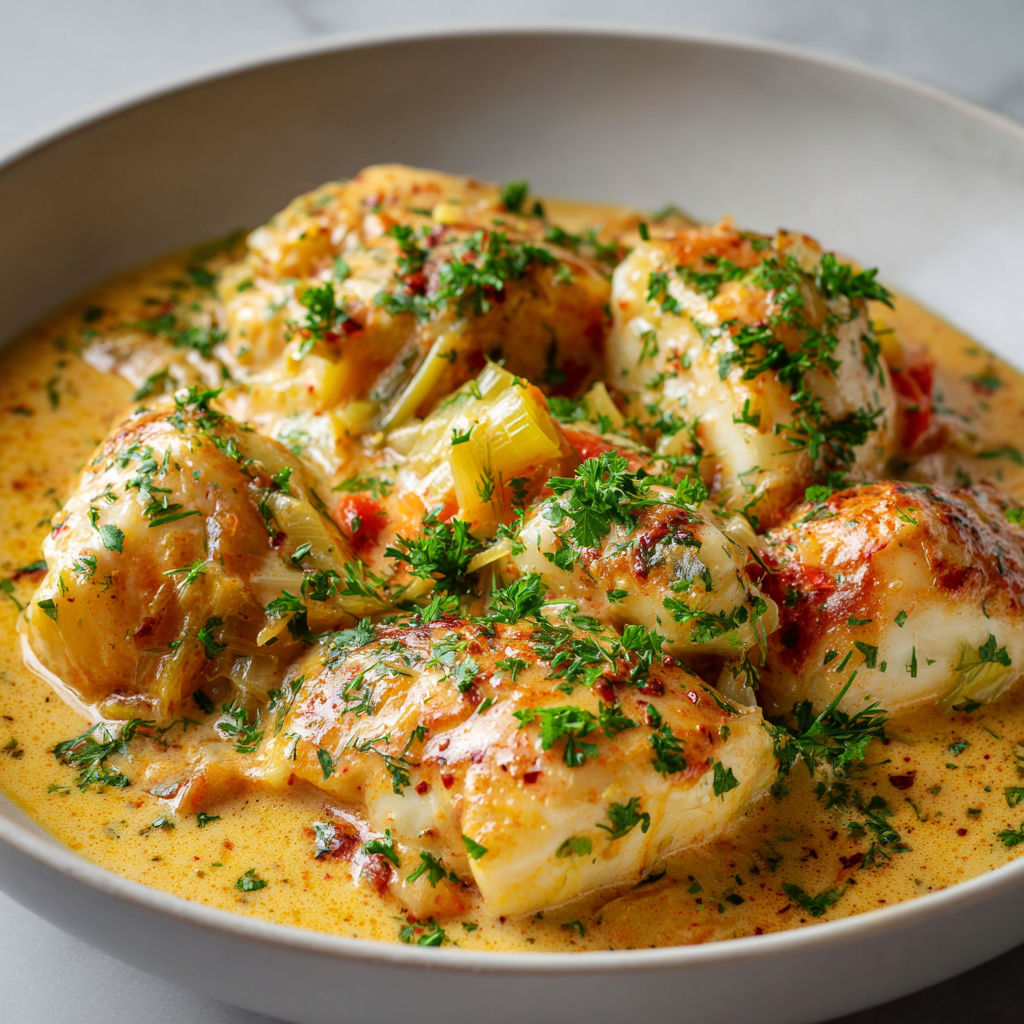 Un poisson garni d’herbes et de légumes baignant dans la sauce.