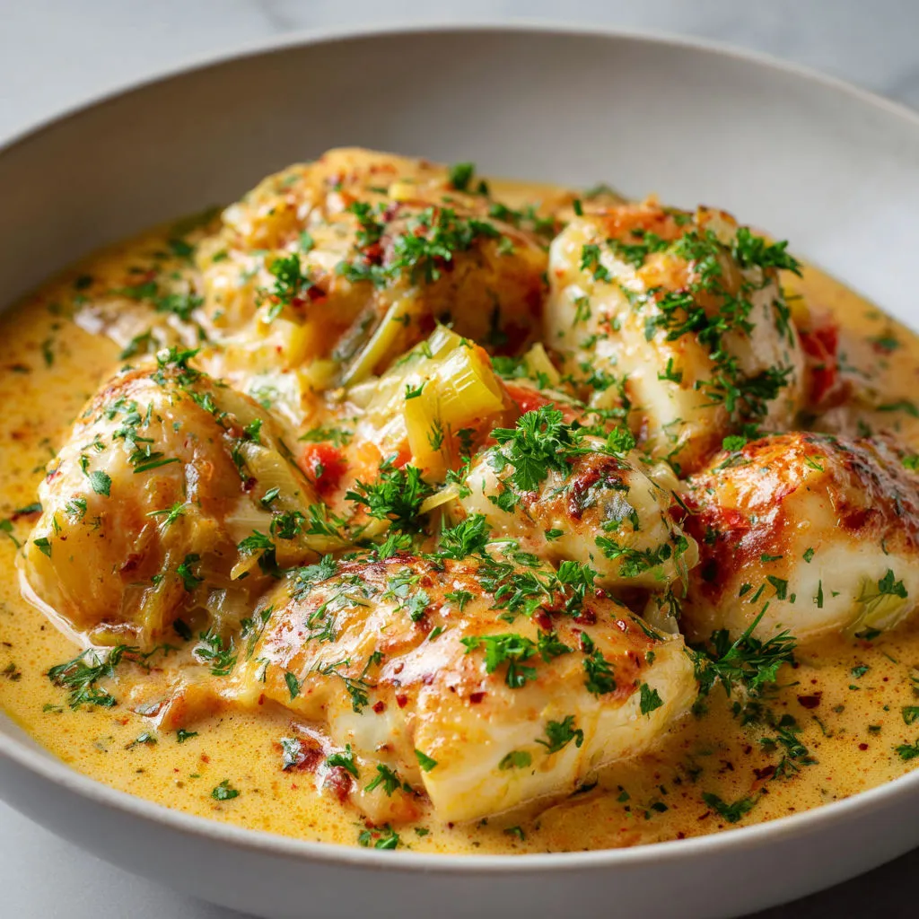 Un poisson garni d’herbes et de légumes baignant dans la sauce.