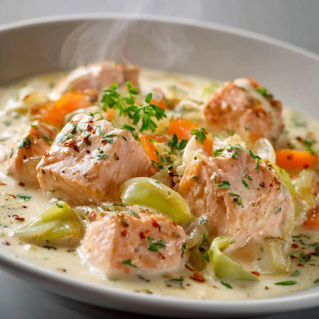Un beau plat de poisson et légumes frais, servi avec une sauce crémeuse et des herbes.