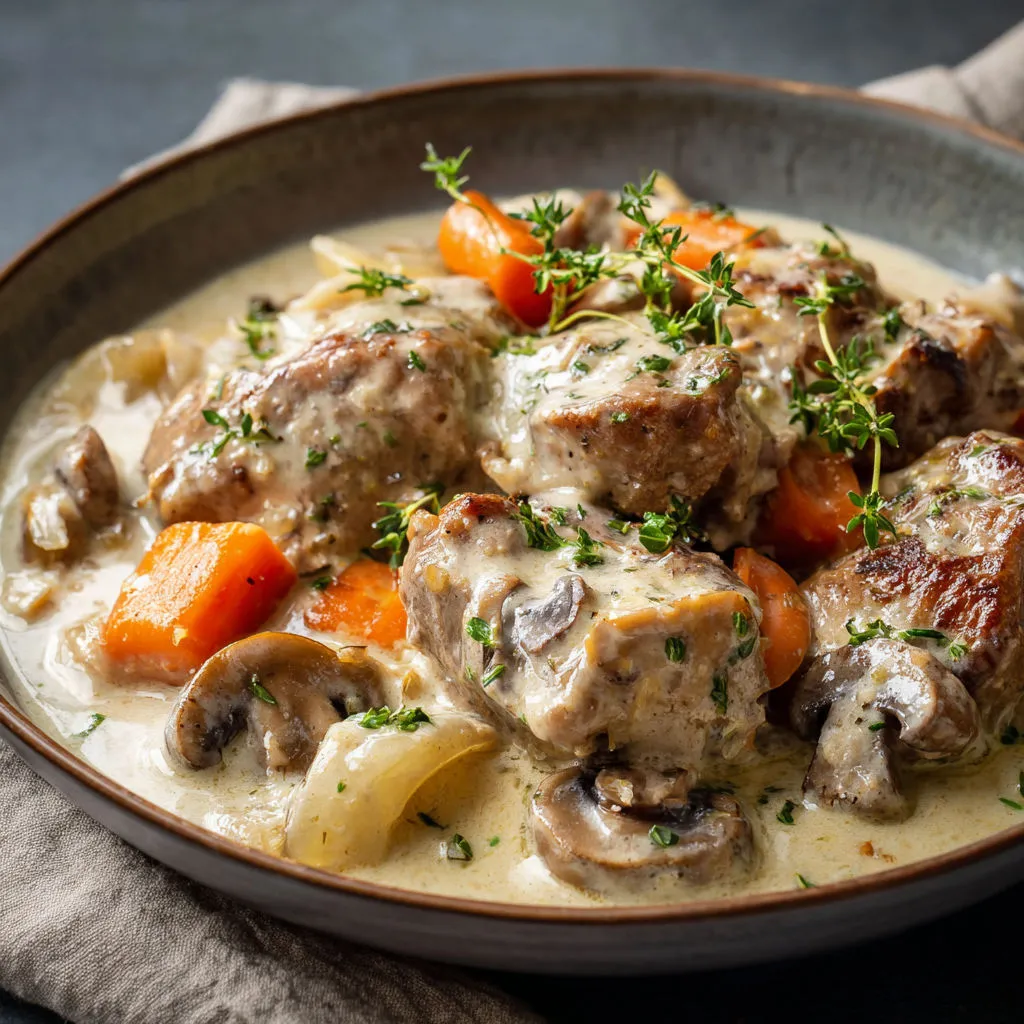 Un plat mijoté avec veau, carottes et champignons servi chaud.