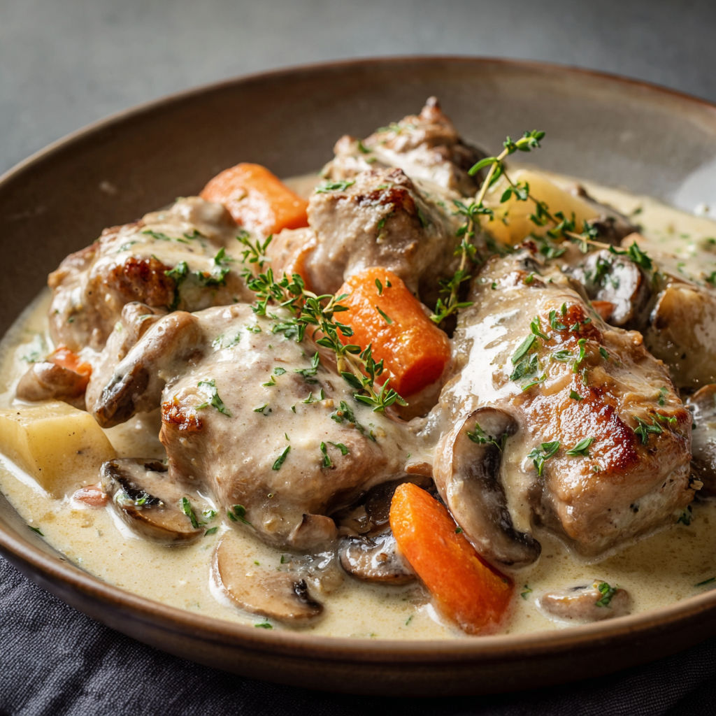 Un plat de volaille aux carottes et champignons tout chaud.