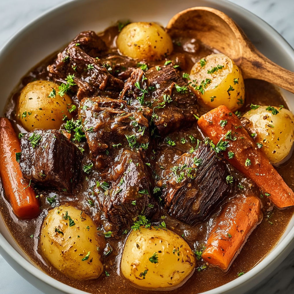Un plat de délicieux bœuf mijoté à la crème onctueuse accompagné de légumes.