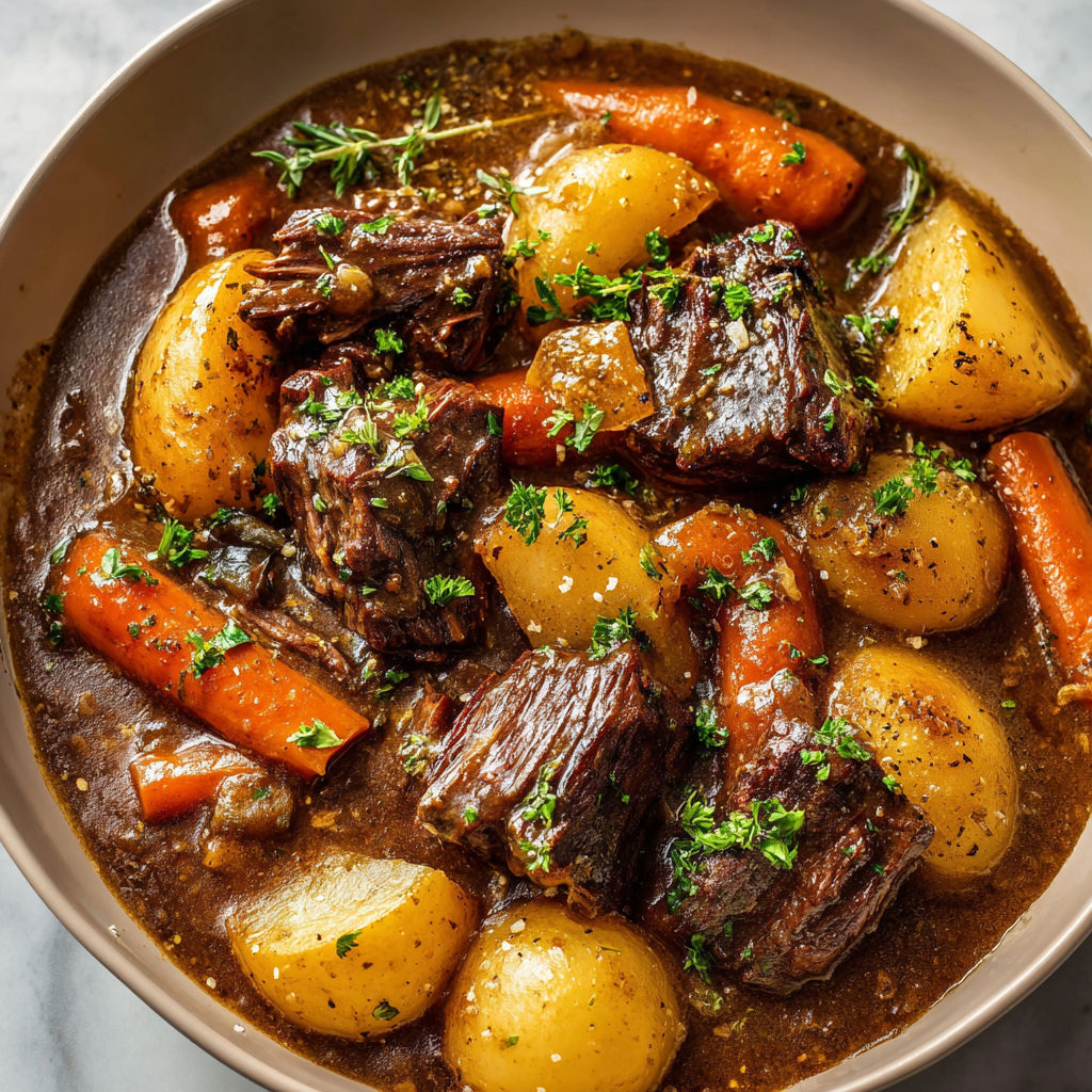 Un mijoté gourmand avec bœuf, carottes et pommes de terre dans la sauce.