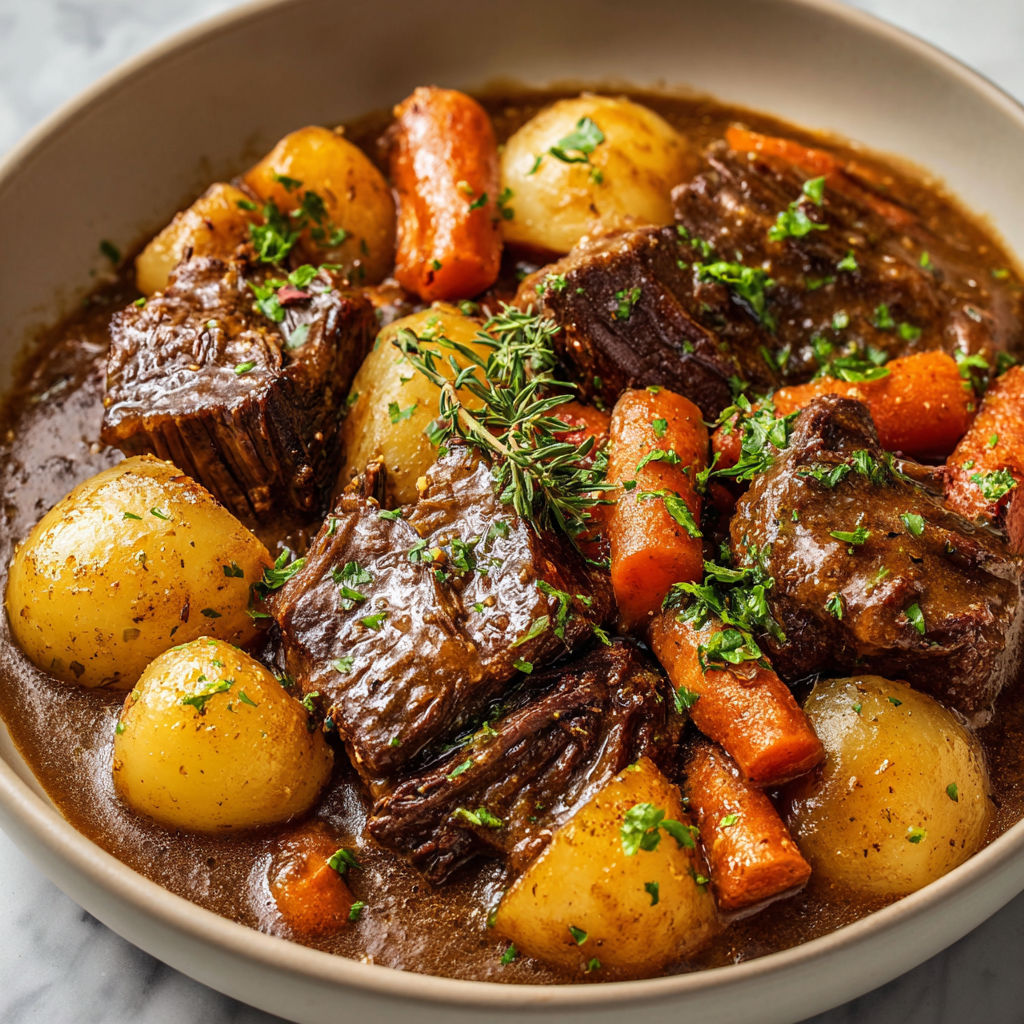Mijoté familial dans un bol avec viande, carottes, pommes de terre, et des légumes verts.