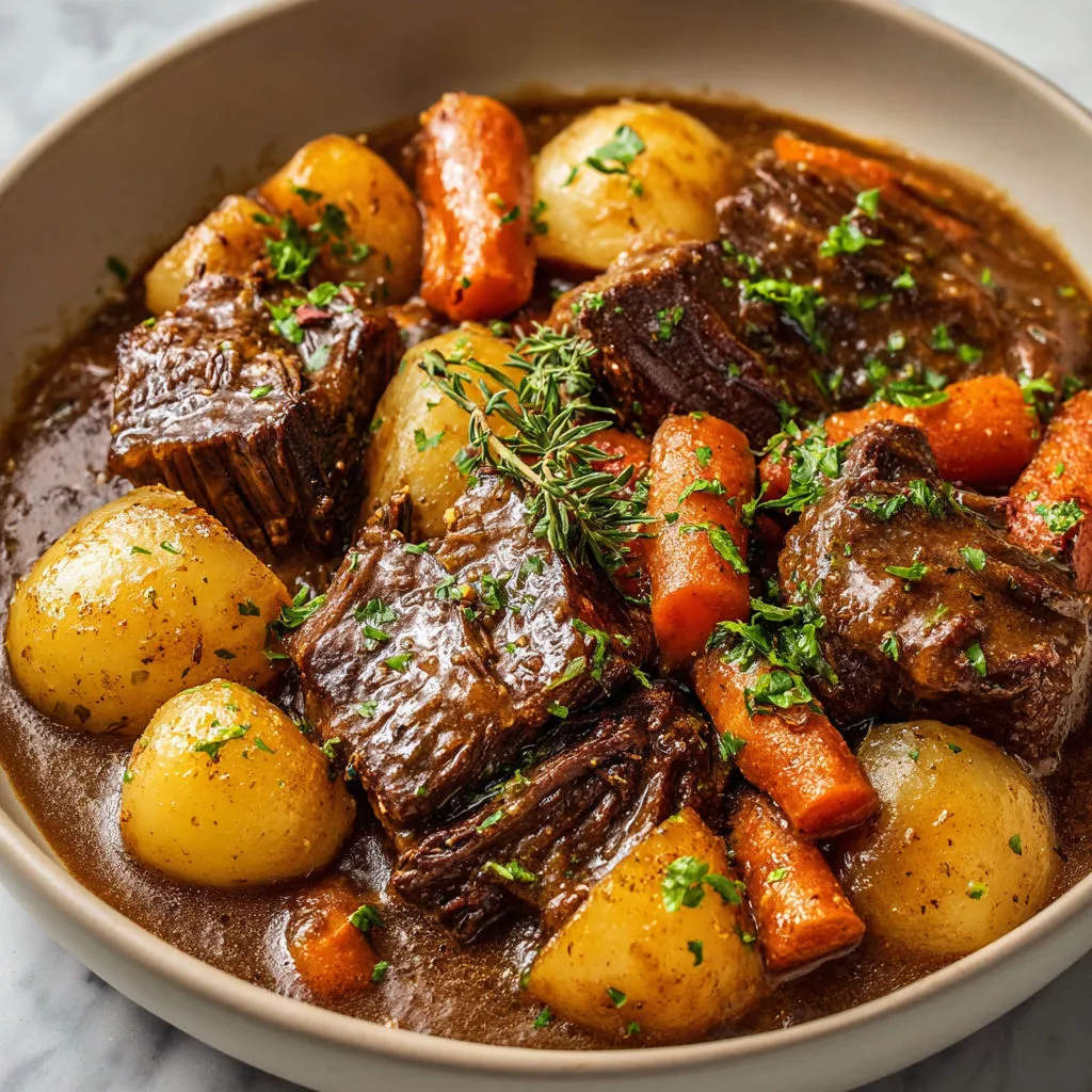 Mijoté familial dans un bol avec viande, carottes, pommes de terre, et des légumes verts.