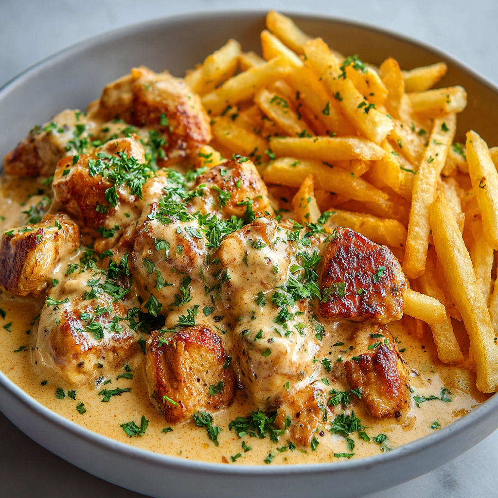 Poulet en sauce riche avec des frites croustillantes maison.