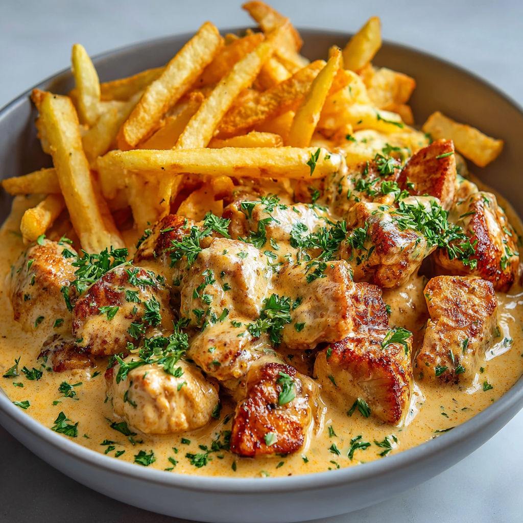 Plat de poulet et frites avec sauce crémeuse curry.