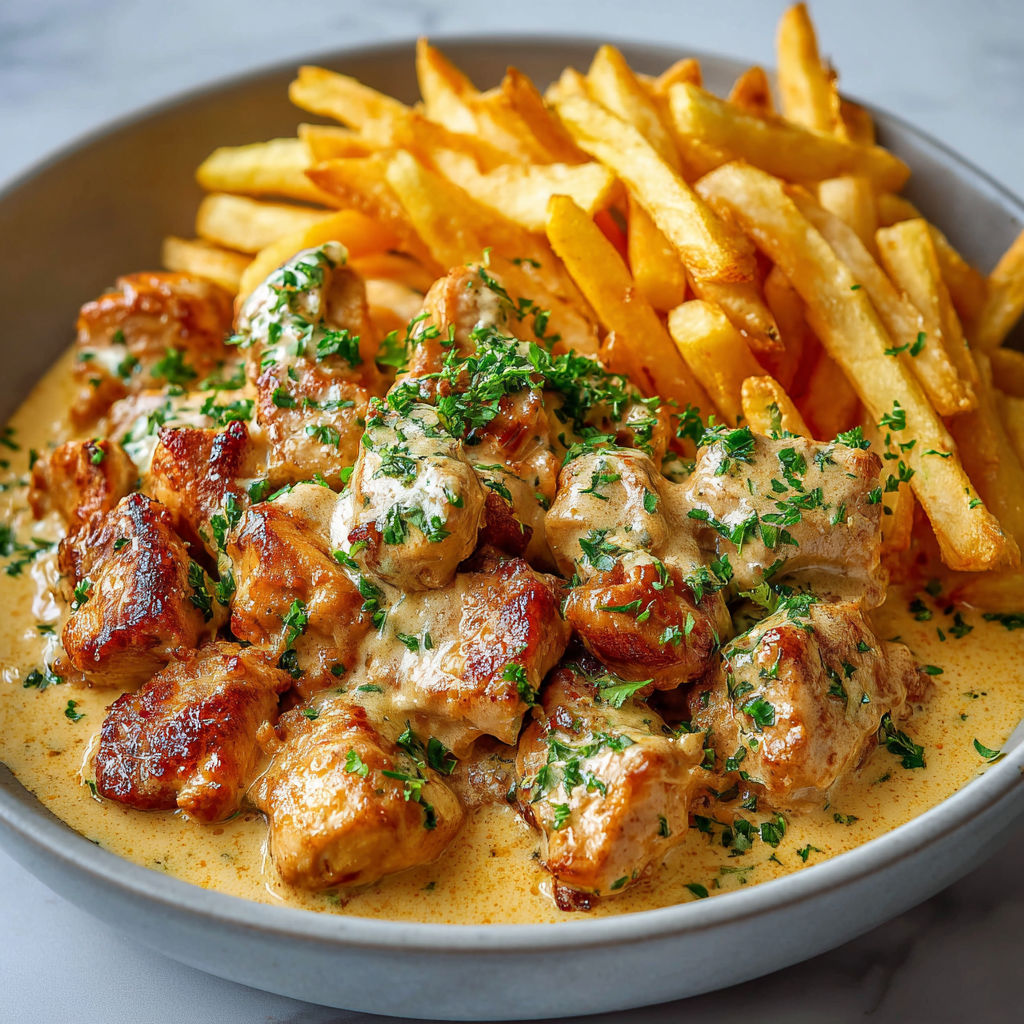 Poulet en sauce servi avec frites maison.