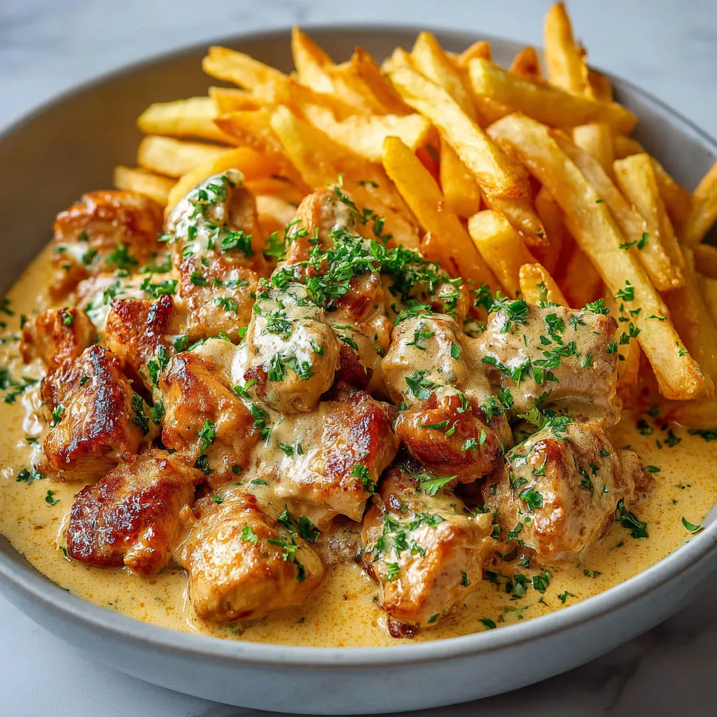 Poulet en sauce servi avec frites maison.