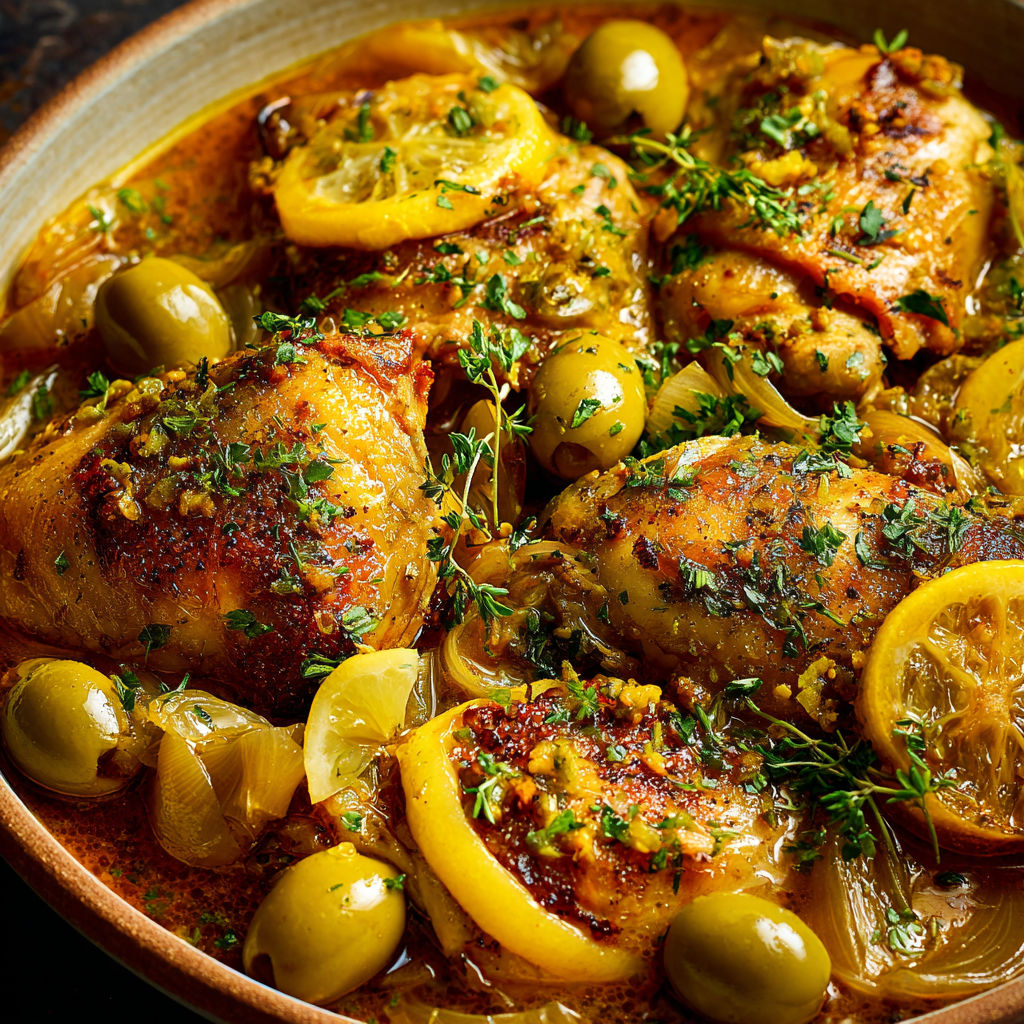 Poulet, oignons et olives mijotés dans une cocotte.