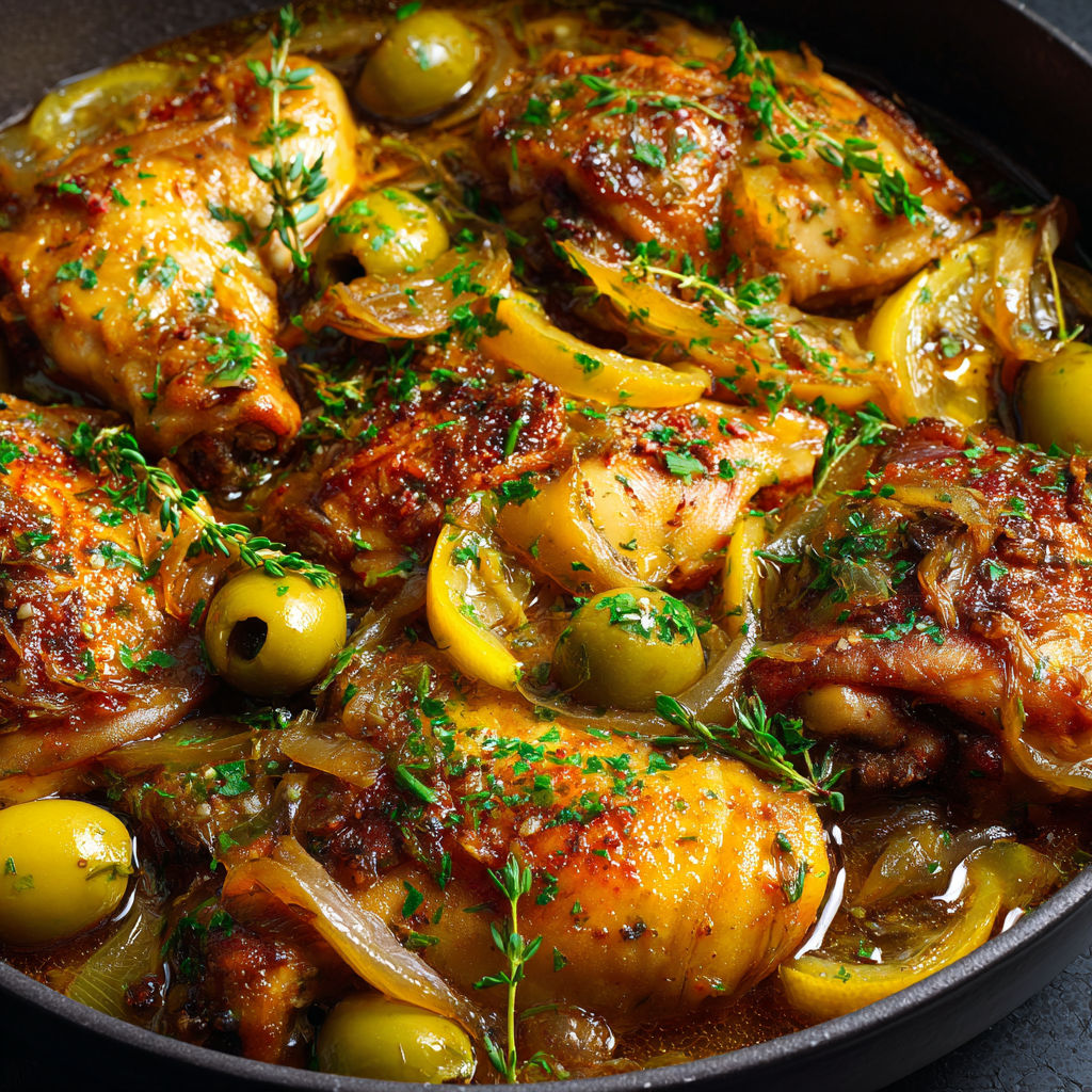 Poulet farci, oignons et olives dans une sauce parfumée.