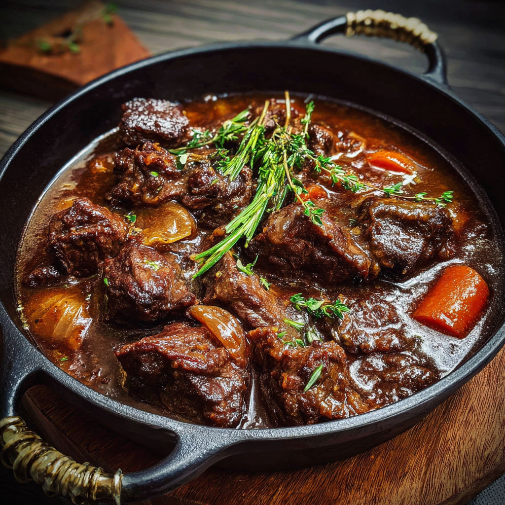 Un plat de boeuf tendre au sirop d'érable présenté dans une cocotte.