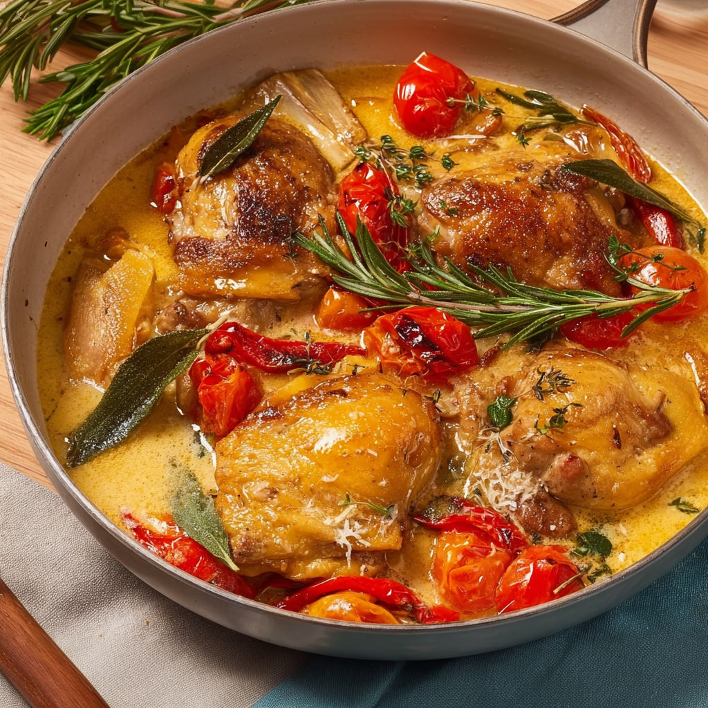 Cuisses de poulet mijotées avec des légumes fondants et des herbes fraîches.