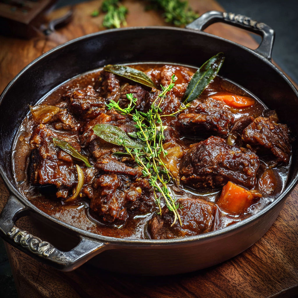 Un plat mijoté de boeuf avec des carottes et des herbes fraîches.