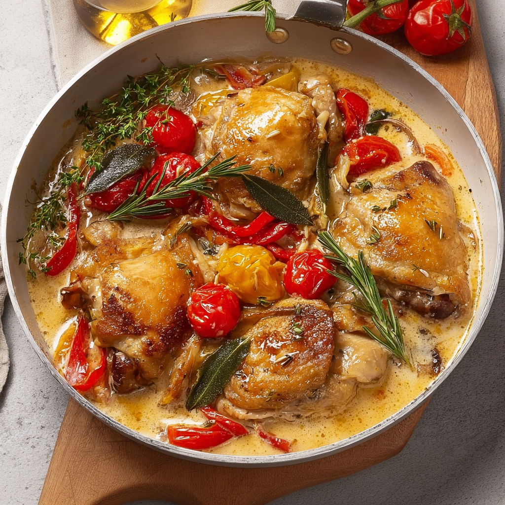 Poulet mijoté avec tomates et herbes fraîches.