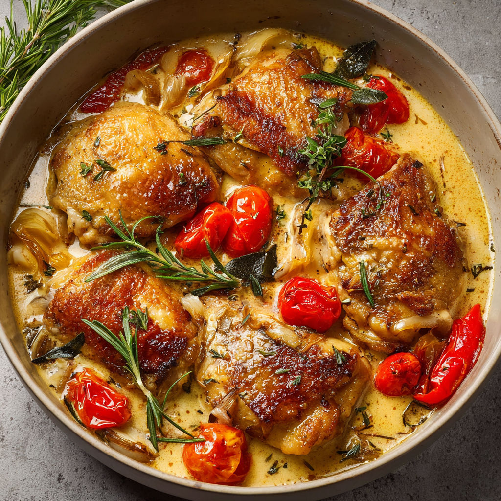Cocotte de poulet avec légumes et herbes, tomates, épinards, servie dans un bol rustique.