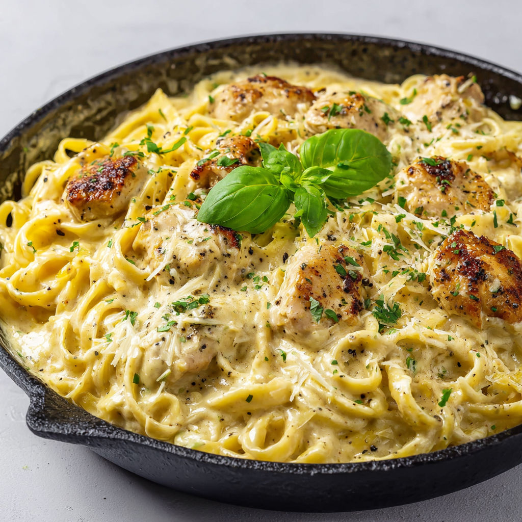 Un bol noir rempli de pâtes à la moutarde et au poulet tendre, servi avec du persil.