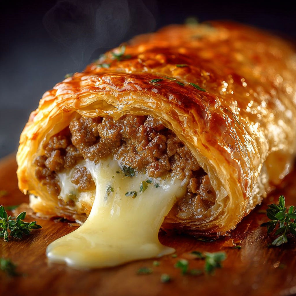 Un roulé croustillant garni de viande juteuse et fromage fondant, débordant de gourmandise.