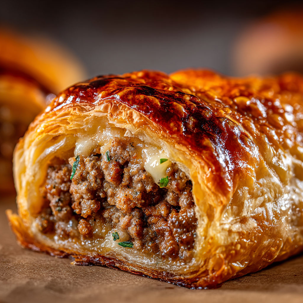 Une quiche bien chaude et dorée à la viande, pleine d’herbes fraîches et de petits légumes, sur une jolie table.
