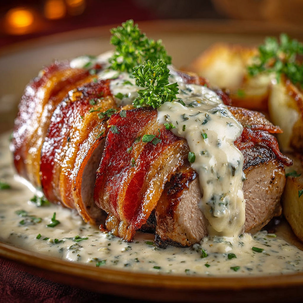 Un plat composé de filet mignon ferme au Boursin entouré de lard, servi avec pommes de terre dorées et quelques herbes fraîches.