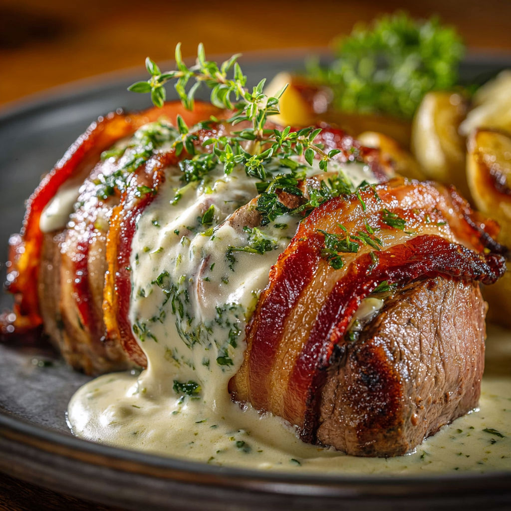 Un morceau de porc grillé, nappé d'une sauce au fromage et décoré d'herbes fraîches.