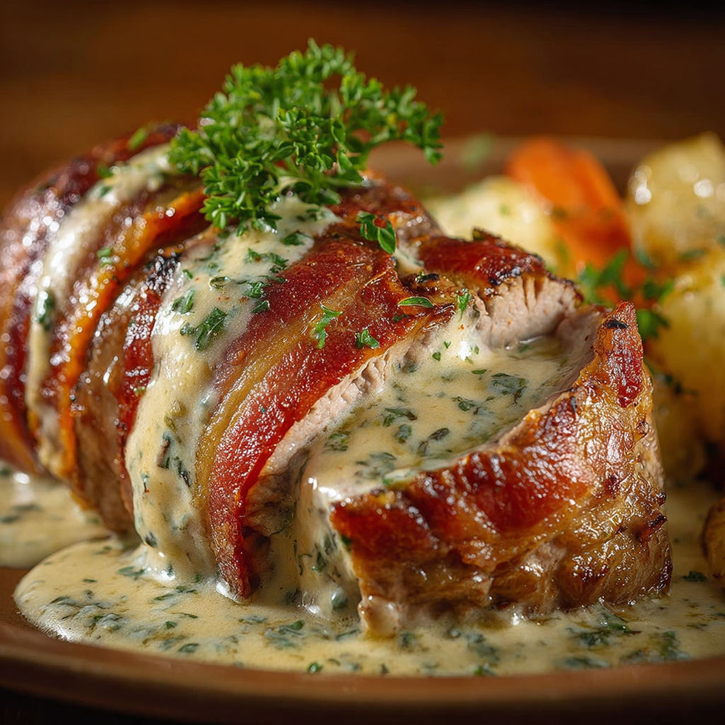 Une viande de porc grillée accompagnée de sauce au fromage et de légumes rôtis.