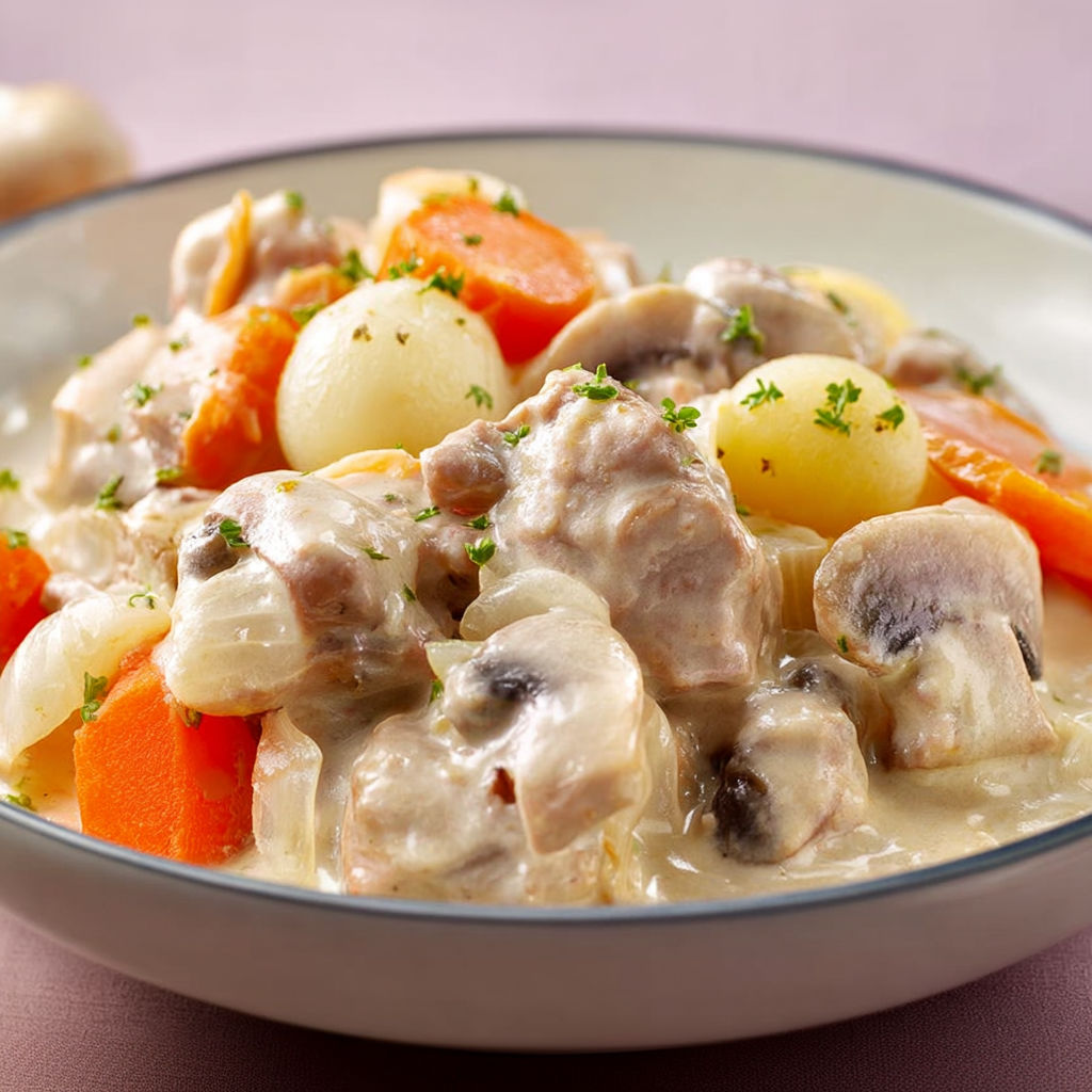 Un plat de veau en sauce aux légumes, carottes, pommes de terre et champignons.