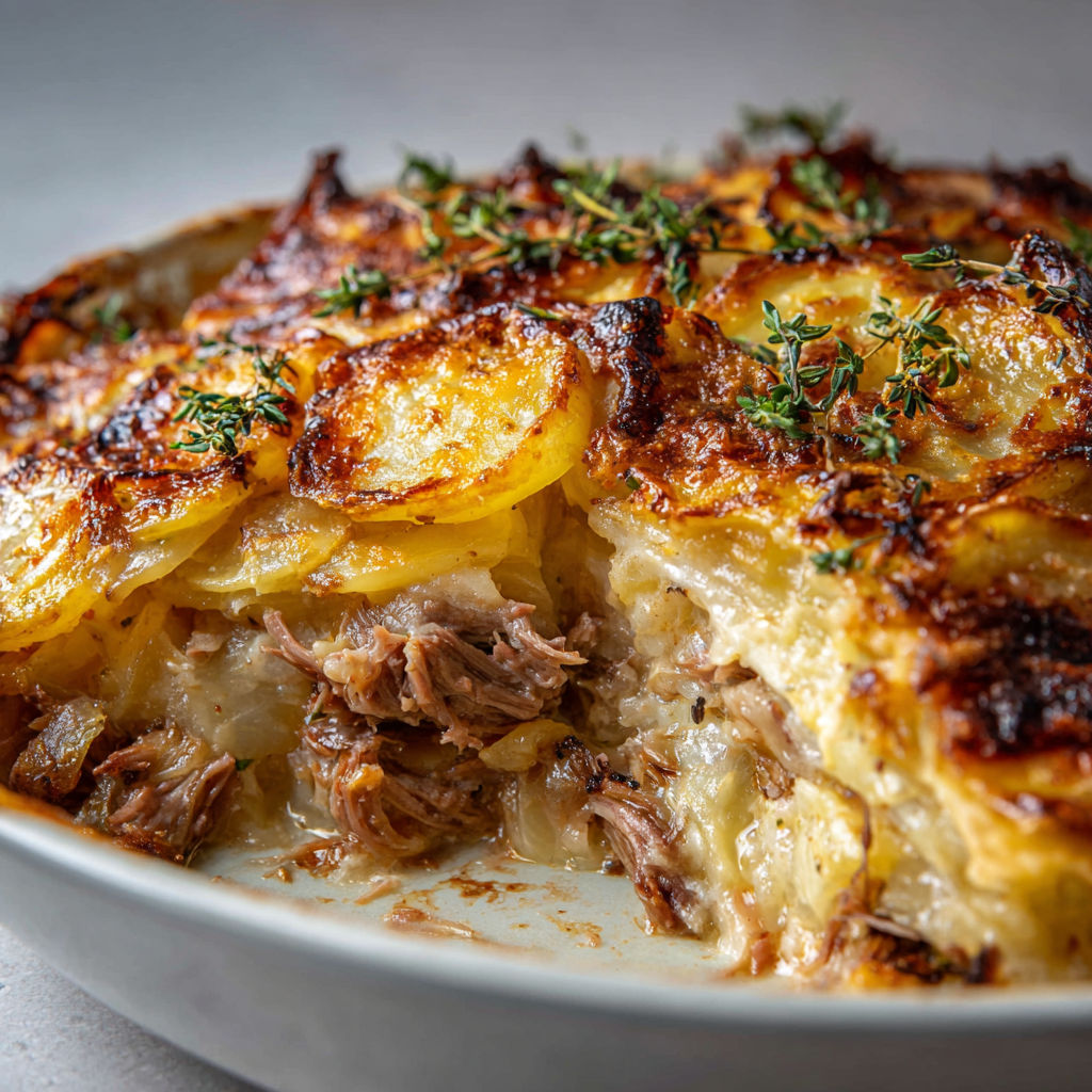 Tarte rustique aux pommes et lard dans un bol blanc avec herbes et pommes de terre.