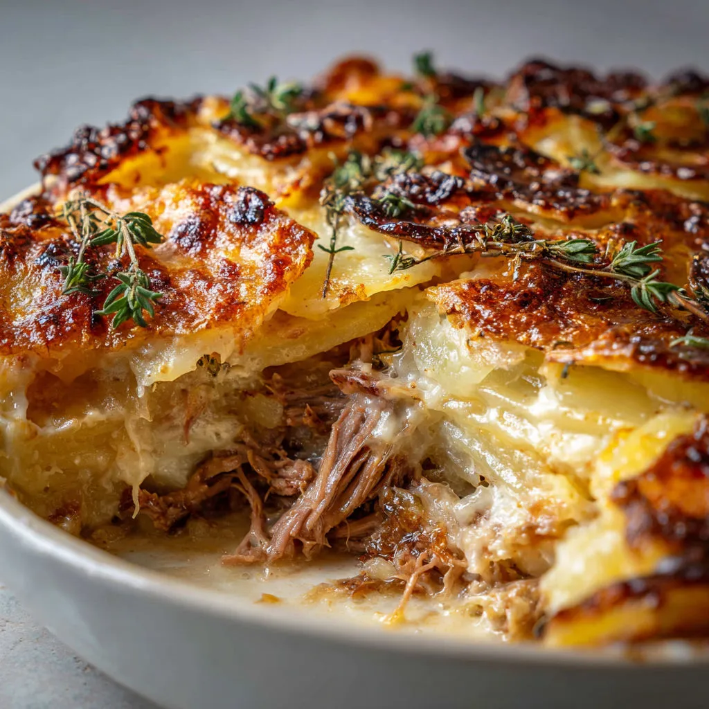Gratin de pommes de terre chaud à la viande, recouvert d’herbes fraîches.
