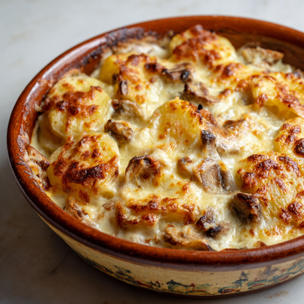Un délicieux gratin doré avec pommes de terre et champignons, prêt à être savouré.