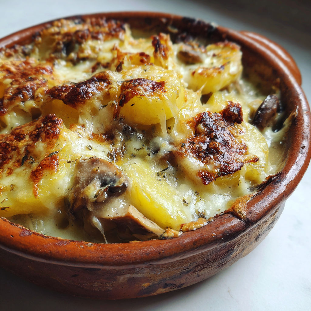 Un gratin aux pommes de terre et champignons dans un plat en terre.
