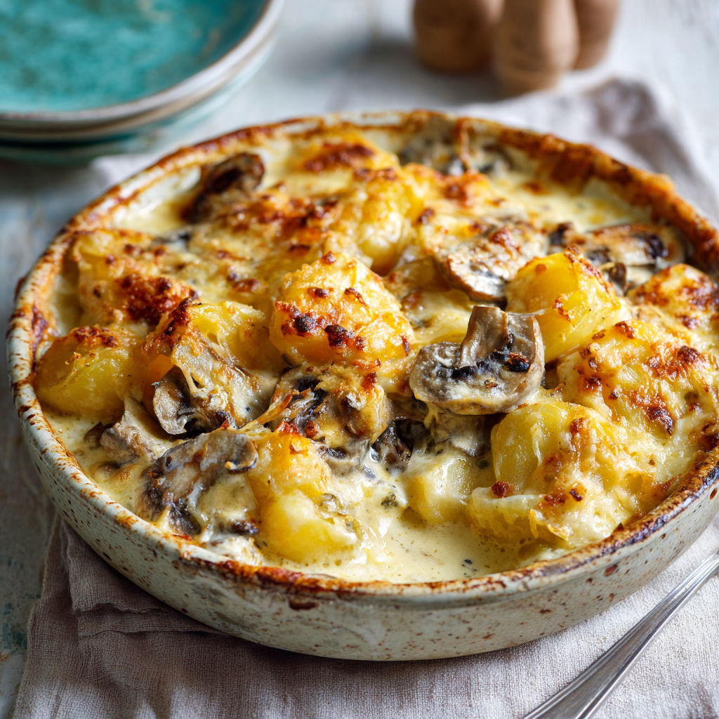 Un gratin maison aux champignons et pommes de terre, servi dans un joli plat en céramique.
